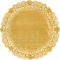 Koronki okrągłe od Duni GmbH mają okrągły, złoty wzór z przeplatającymi się, koronkowymi krawędziami i gładkim środkiem - idealne do dekoracji tortów na ślubie lub dodania elegancji każdej uroczystości.