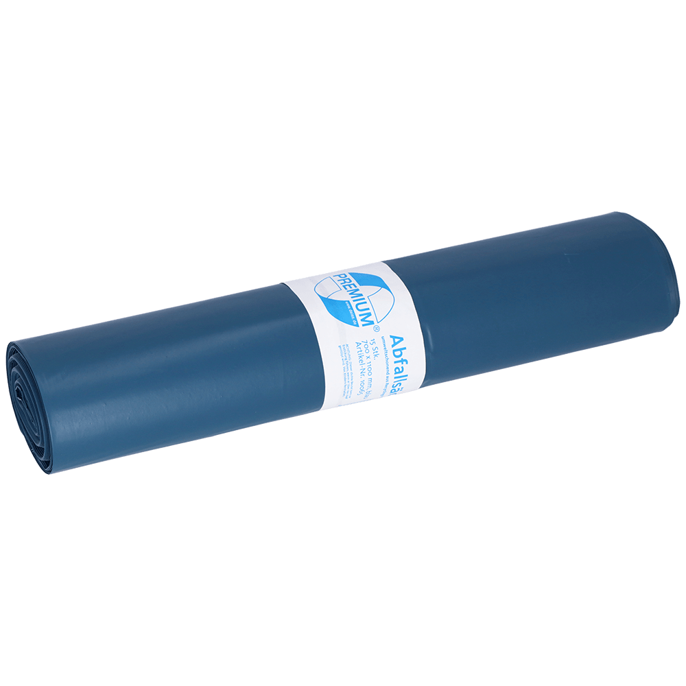 Zwinięty worek na śmieci DEISS PREMIUM 120 litrów niebieski firmy EMIL DEISS KG (GmbH + Co.), 1.126 g/rolka, typ 100, jest oznaczony białą etykietą z tekstem i grafiką. Każda rolka zawiera 15 worków.