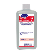 Butelka 0,5 litra Soft Care Des E Spray H5 do dezynfekcji rąk firmy Diversey Deutschland GmbH & Co. OHG, w praktycznej formie sprayu, opisana w języku niemieckim, z szarym korpusem, białą nakrętką i informacjami o produkcie/recyklingu na przedniej stronie.