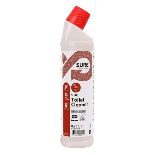 Biała plastikowa butelka o pojemności 0,75 l z środkiem czyszczącym SURE Toilet Cleaner do toalet i pisuarów, wyprodukowana przez firmę Diversey Deutschland GmbH & Co. OHG, wyposażona w czerwony zakrętak i czerwono-białą etykietę, zapewnia skuteczne czyszczenie toalet i pisuarów.