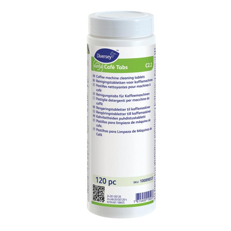 Biały plastikowy pojemnik z tabletkami czyszczącymi Suma Café Tabs C2.2 do ekspresów do kawy (120 sztuk) od Diversey Deutschland GmbH & Co. OHG do usuwania pozostałości kawy jest przedstawiony na białym tle z wielojęzycznym napisem.