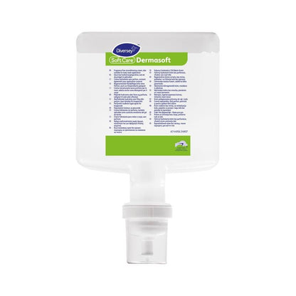 Prostokątna, przezroczysta plastikowa butelka Soft Care Dermasoft kremu do pielęgnacji skóry od Diversey Deutschland GmbH & Co. OHG z zielono-białą etykietą i białym dozownikiem oraz wielojęzycznymi szczegółami produktu i instrukcjami.