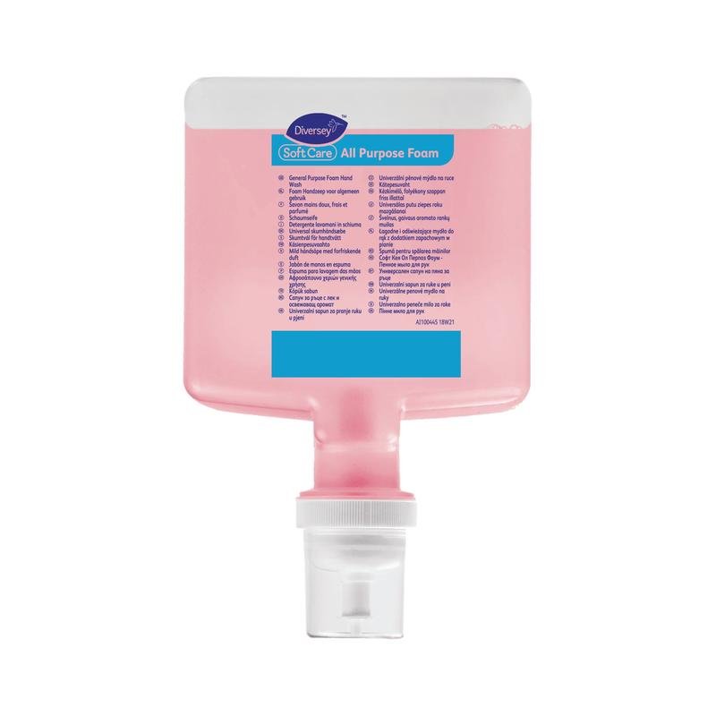 Wkład Diversey Soft Care Allzweck 1,3 l do IntelliCare to prostokątne różowe opakowanie uzupełniające mydło firmy Diversey Deutschland GmbH & Co. OHG z dozownikiem z białym dnem i niebiesko-białą etykietą instrukcyjną z przodu.