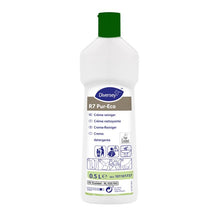Eine weiße 500 ml Flasche Diversey R7 Pur-Eco Creme-Reiniger von Diversey Deutschland GmbH & Co. OHG mit grünem Verschluss, mehrsprachig beschriftet und umweltfreundlich für harte, wasserfeste Oberflächen.