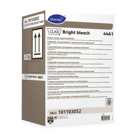Prostokątny pojemnik z napisem „Clax Bright Bleach 44A1 – wybielacz do kolorowej bielizny” firmy Diversey Deutschland GmbH & Co. OHG, zawierający wielojęzyczne informacje o produkcie, instrukcje i ostrzeżenia. Skuteczny w przypadku kolorowej bielizny i uporczywych plam. Numer artykułu: 101103052.
