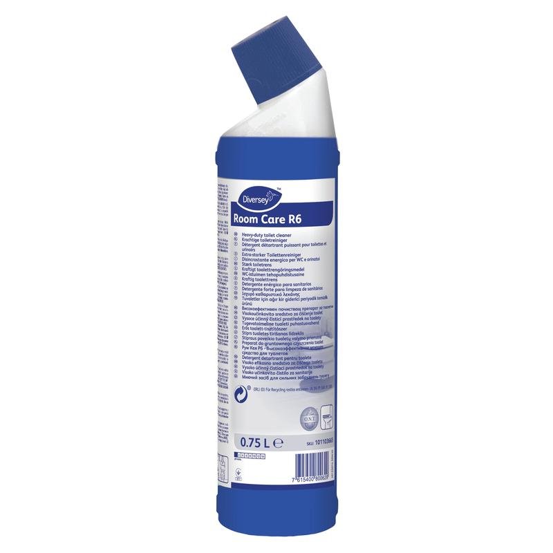 Room Care R6, okresowy środek czyszczący do toalet i pisuarów od Diversey Deutschland GmbH & Co. OHG (butelka 750 ml), na bazie kwasu solnego, idealny do efektywnego czyszczenia toalet i pisuarów. Z informacjami o produkcie w kilku językach na etykiecie.