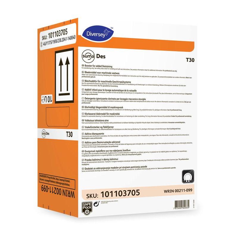 Prostokątne pudełko Diversey Suma Des T30, komponent wybielający od Diversey Deutschland GmbH & Co. OHG jest przeważnie białe z pomarańczowymi i niebieskimi akcentami, wielojęzycznymi instrukcjami oraz symbolami zagrożenia i wysyłki na przedniej stronie.