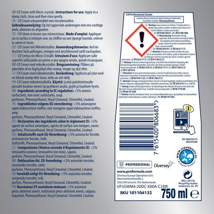 Etykieta dla Profesjonalnego Mleka Czyszczącego Diversey Deutschland GmbH & Co. OHG z instrukcją w wielu językach, składnikami, kodem kreskowym, symbolami recyklingu, logo, formułą aktywnego wybielacza i objętością 750 ml na biało-niebieskim tle.