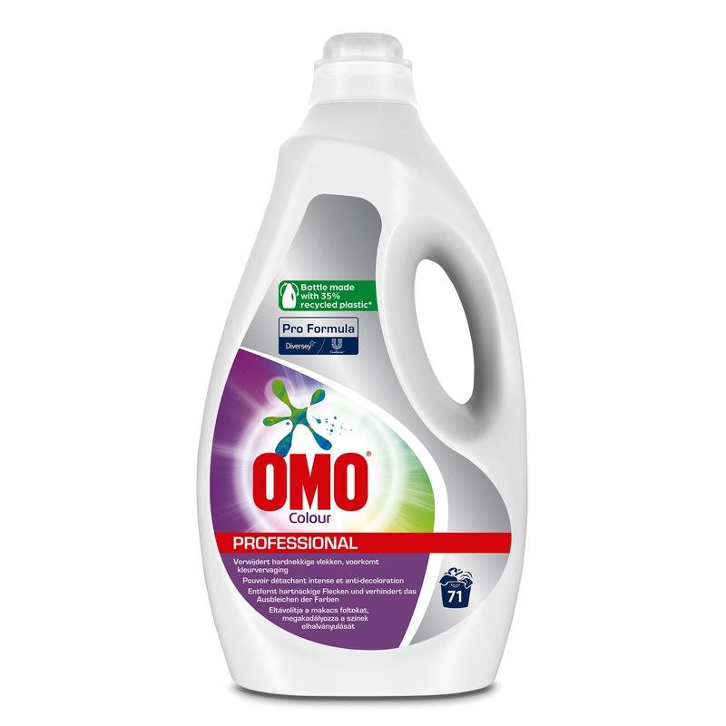 Biała 5-litrowa butelka Omo Professional Colour Płynnego Detergentu do Kolorów od Diversey Deutschland GmbH & Co. OHG, z uchwytem i etykietami: "Pro Formula", "71 cykli prania" oraz "Butelka z recyklingowanego plastiku" w kolorach fioletowym, zielonym i czerwonym.