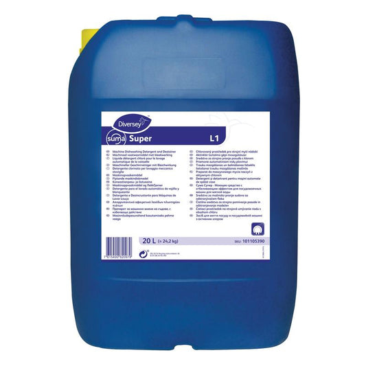 Ein großer blauer 20-Liter-Kunststoffkanister des Suma Super L1 Geschirrreinigers mit Bleiche für Weichwasser von Diversey Deutschland trägt ein weißes Etikett mit Produktdetails und Anweisungen in mehreren Sprachen.