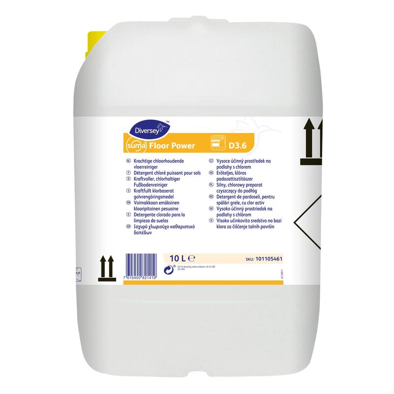 Kanister o pojemności 10 litrów Suma Floor Power D3.6, chlorowo-alkaliczny środek do czyszczenia podłóg od Diversey Deutschland GmbH & Co. OHG, z żółtą pokrywką i etykietą wielojęzyczną z instrukcjami oraz czarnymi symbolami.