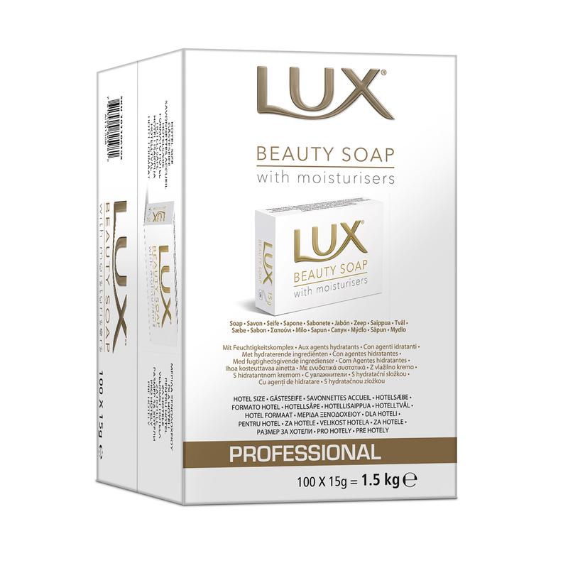 Opakowanie zawierające 100 sztuk mydełek LUX Professional Beauty Soap dla gości (po 15 g, łącznie 1,5 kg) od Diversey Deutschland GmbH & Co. OHG, z napisem "Professional" do użytku hotelowego i dla gości, z informacjami o produkcie i obrazkiem na białym pudełku.