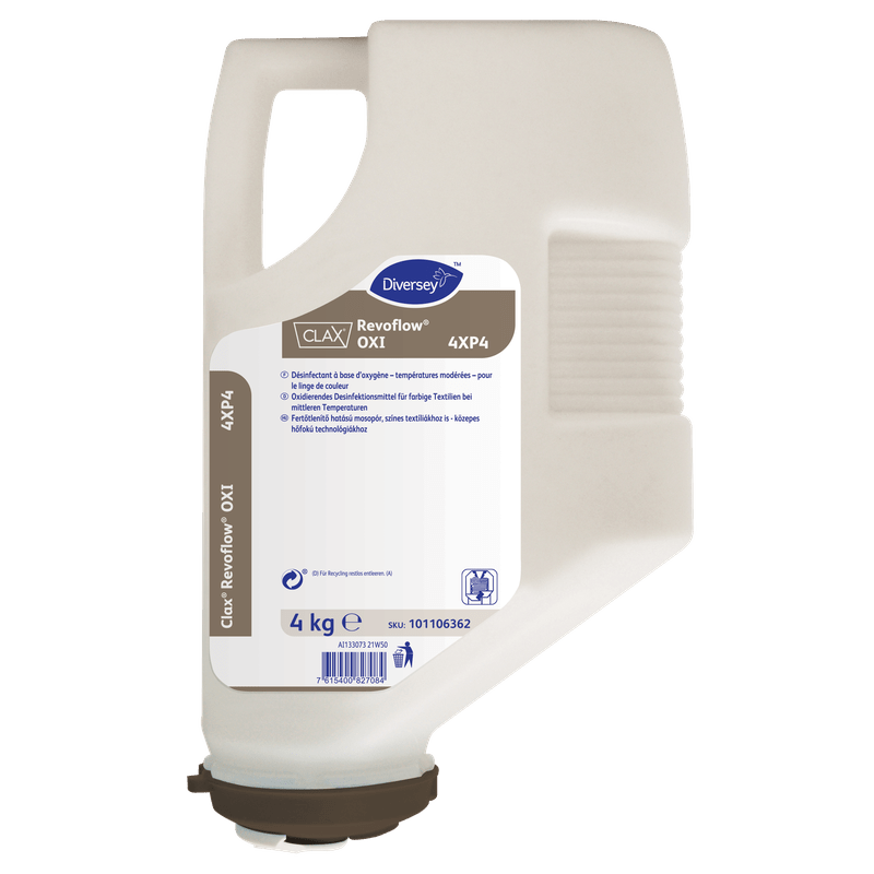 Beżowy plastikowy pojemnik o wadze 4 kg Clax Revoflow OXI 4XP4* środek wybielający i dezynfekujący w proszku od Diversey Deutschland GmbH & Co. OHG - działa już w niskich temperaturach, wymieniony na liście RKI przy 60°C, idealny dla profesjonalnych pralni.