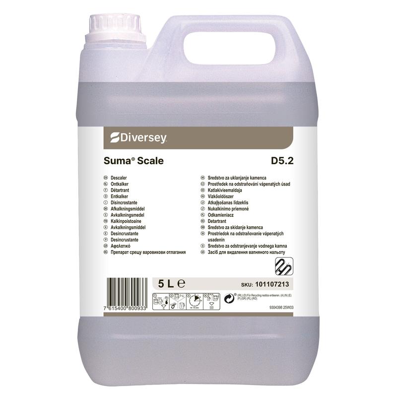 Kanister 5 l Suma Scale D5.2 środek do usuwania kamienia od Diversey Deutschland GmbH & Co. OHG, do okresowego stosowania, z wielojęzyczną etykietą zawierającą informacje o produkcie, instrukcję, kod kreskowy i numer SKU.