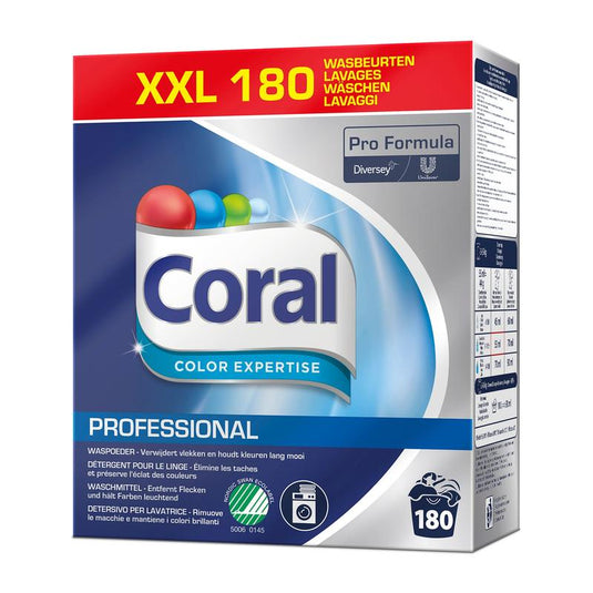 Puszka detergentu do prania Coral Professional Color Expertise (180 prań, 8 kg proszku) firmy Diversey Deutschland GmbH & Co. OHG, oznaczona marką Pro Formula, o niebieskiej kolorystyce, zapewniająca ochronę kolorów i włókien oraz zachowująca ich blask.