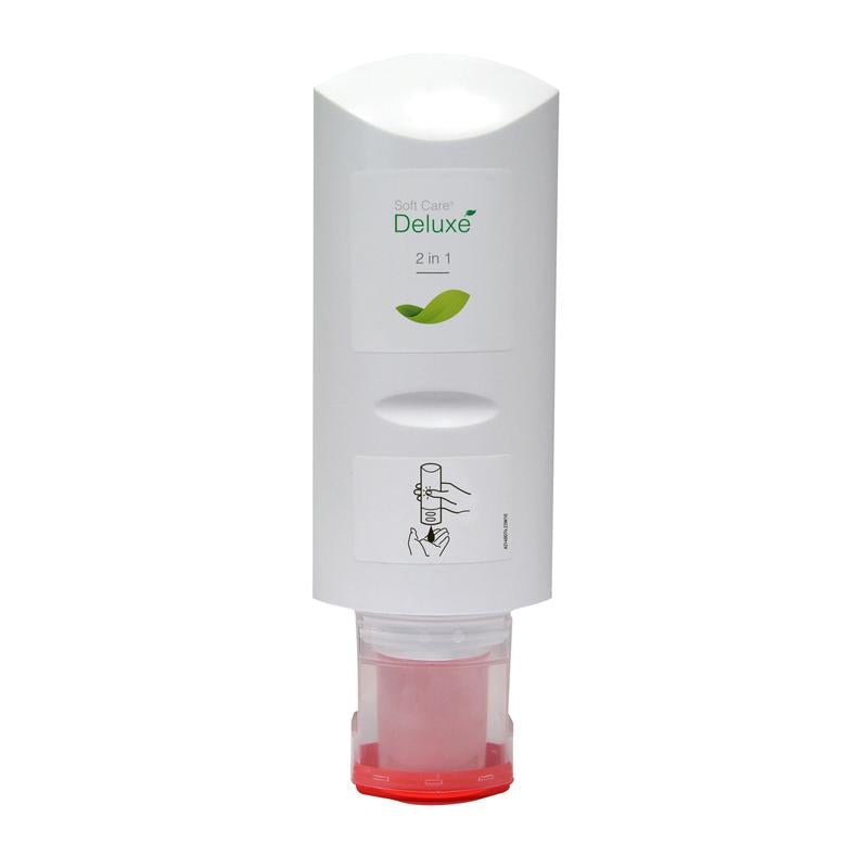 Soft Care Deluxe 2 w 1 żel pod prysznic i szampon do włosów (300 ml) od Diversey Deutschland GmbH & Co. OHG ma białą butelkę z czerwoną nakrętką, zielonym logo liścia i instrukcją użytkowania - idealny do pielęgnacji ciała jako szampon i żel pod prysznic.