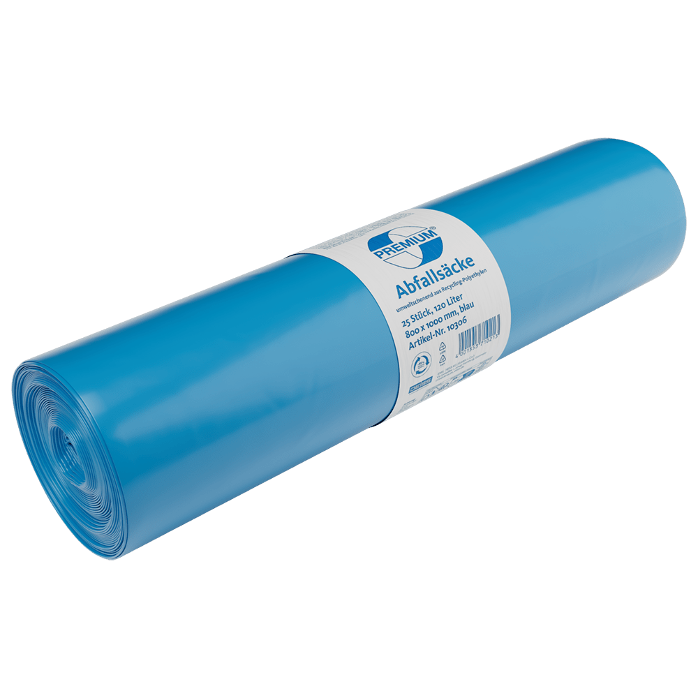 Rolka worków na śmieci DEISS 10306 (800x1000 mm, Typ 70, niebieskie, 25 sztuk) od EMIL DEISS KG (GmbH + Co.) z niebiesko-białą etykietą, idealna do komercyjnej utylizacji odpadów, przedstawiona na białym tle.
