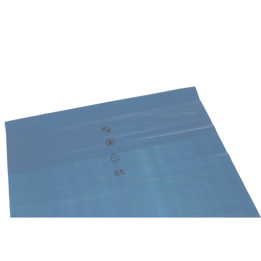 Die DEISS 10309 Verpackungsfolie (800x1000x0,07 mm, blau) von EMIL DEISS KG hat drei schwarze Symbole (inkl. Recycling mit "65") und kommt als 250 Rollen-Pack - perfekt als Versandverpackung.