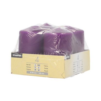Cztery kości słoniowej świece pieńkowe Starpak (Ø 50 mm, 80 mm, płaska góra) są zapakowane w przezroczysty plastik i oznaczone beżowo-białą etykietą, na której widnieje marka Starpak i szczegóły świec. Są wykonane z wysokiej jakości wosku dla trwałej jakości.