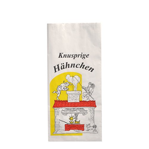 Torebka na kurczaka Starpak 100, papier z wkładką aluminiową, pokazuje „Chrupiące kurczaki” i dwie osoby piekące kurczaka na murowanym grillu, na białej torbie z żółtymi akcentami i oferuje ekologiczną izolację cieplną.