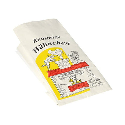Torebka na kurczaka Starpak 100 z papieru z wkładką aluminiową pokazuje „Chrupiące kurczaki”, kurczaki wokół piekarnika i żółte akcenty. Ekologiczna, od marki Starpak.