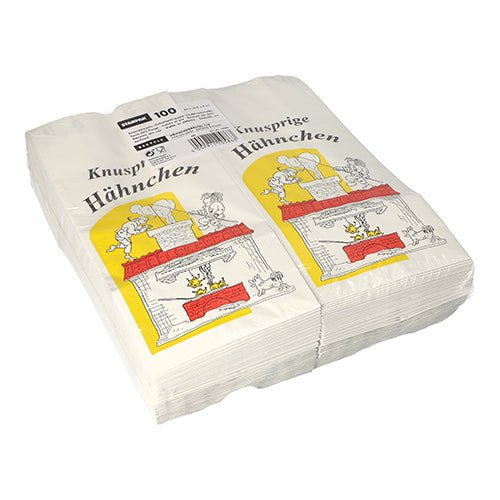 Stos 100 torebek na kurczaka Starpak, papier z wkładką aluminiową, ekologiczne, białe, z ilustracją kurczaka, czerwonym i żółtym piekarnikiem oraz napisem „Chrupiące kurczaki” na przedniej stronie.