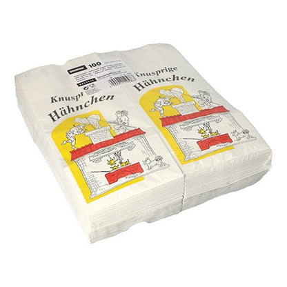 Stos 100 torebek na kurczaka Starpak, papier z wkładką aluminiową, ekologiczne, białe, z ilustracją kurczaka, czerwonym i żółtym piekarnikiem oraz napisem „Chrupiące kurczaki” na przedniej stronie.