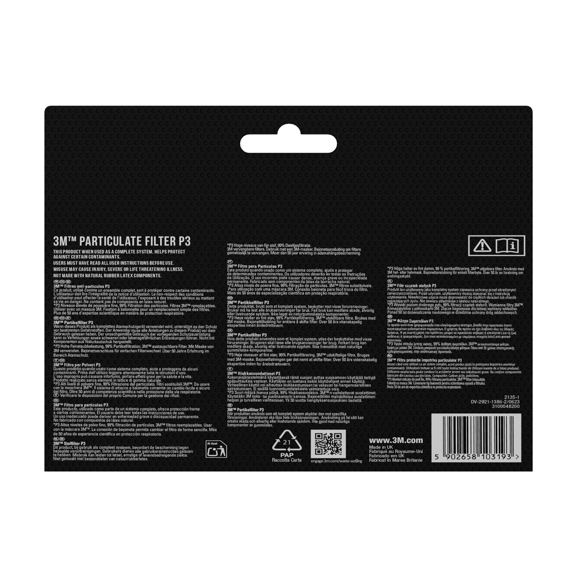 Rückseite einer 3M™ Cool Flow™ Partikelmaske 9928 für Schweißarbeiten (1 Stück, mit Ventil) von 3M Deutschland GmbH, mit Sicherheitssymbolen, Produktinformationen, Gebrauchsanweisungen und mehrsprachigen Angaben auf schwarzem Hintergrund.