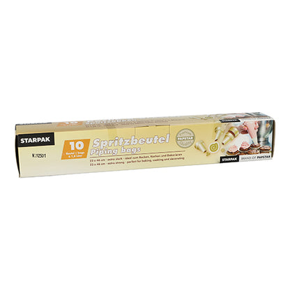 Zestaw 10 worków do wyciskania Starpak zawiera dziesięć przezroczystych worków do wyciskania (1,8 l, 46 x 23 cm) z trzema tylkami w składanym pudełku. Idealne do ciast, dekoracji wypieków lub kuchni. Opakowanie zawiera teksty w języku niemieckim i angielskim oraz zdjęcia produktu.