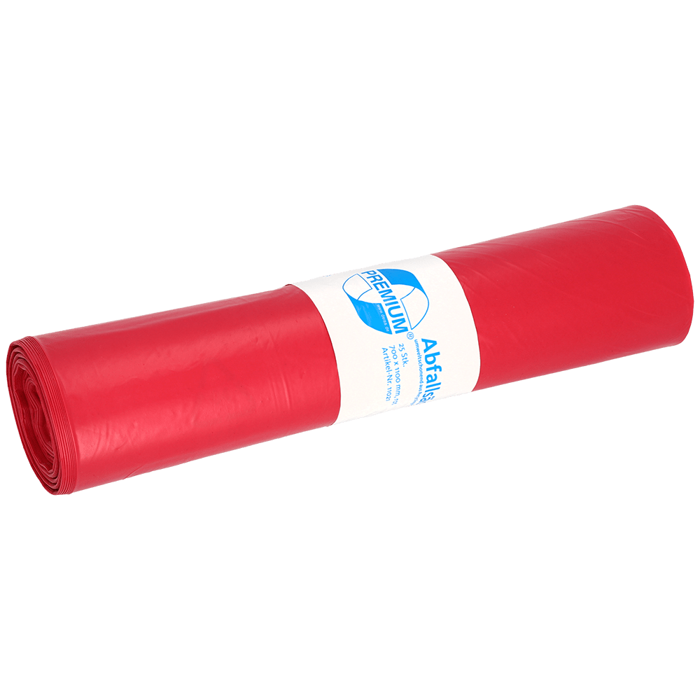 Na zdjęciu jest rolka EMIL DEISS KG (GmbH + Co.) DEISS 11021 - 700x1100 mm Typ 60 czerwone worki na śmieci (25 sztuk) z biało-niebieską etykietą na jednokolorowym białym tle.