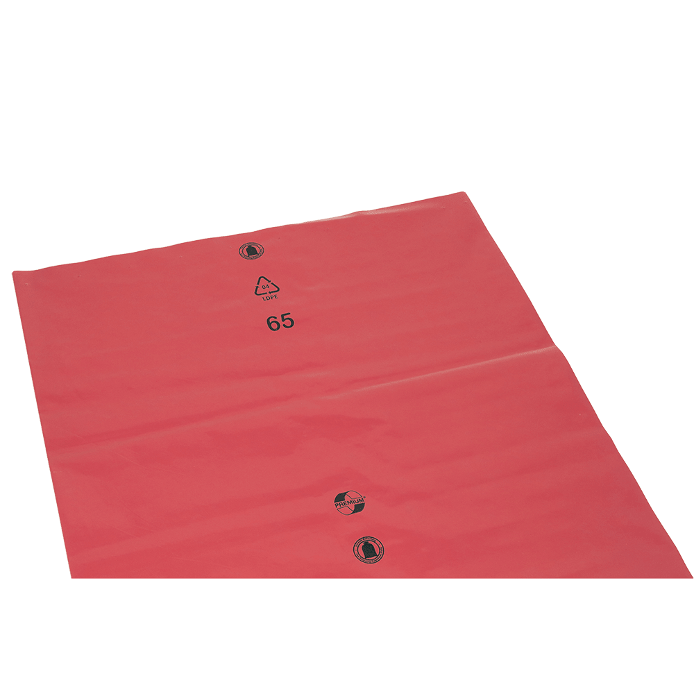 Płaska, czerwona folia z tworzywa sztucznego lub torba (15 mm) firmy EMIL DEISS KG, model DEISS 11106 - 700x1100x0,15 mm czerwona | Karton (75 sztuk), pokazuje trzy czarne symbole, w tym znak recyklingu i liczbę 65 na białym tle.