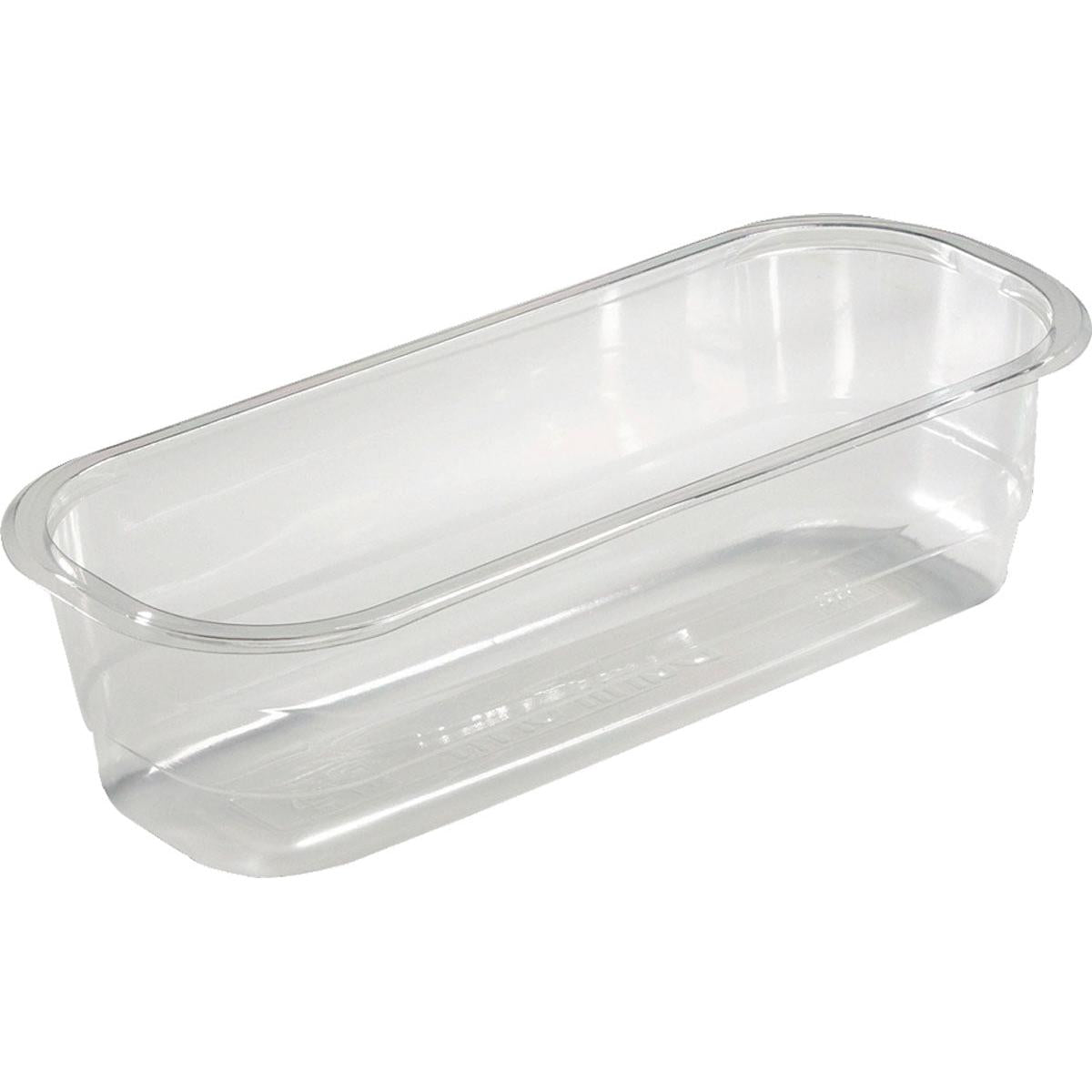 Przezroczysta tacka APET 260x110x68 mm od Duni GmbH, idealna do żywności, to przezroczysty prostokątny pojemnik na żywność z lekko zaokrąglonymi rogami i płaskim dnem, przedstawiony pusty na białym tle. Opakowanie: 350 sztuk.