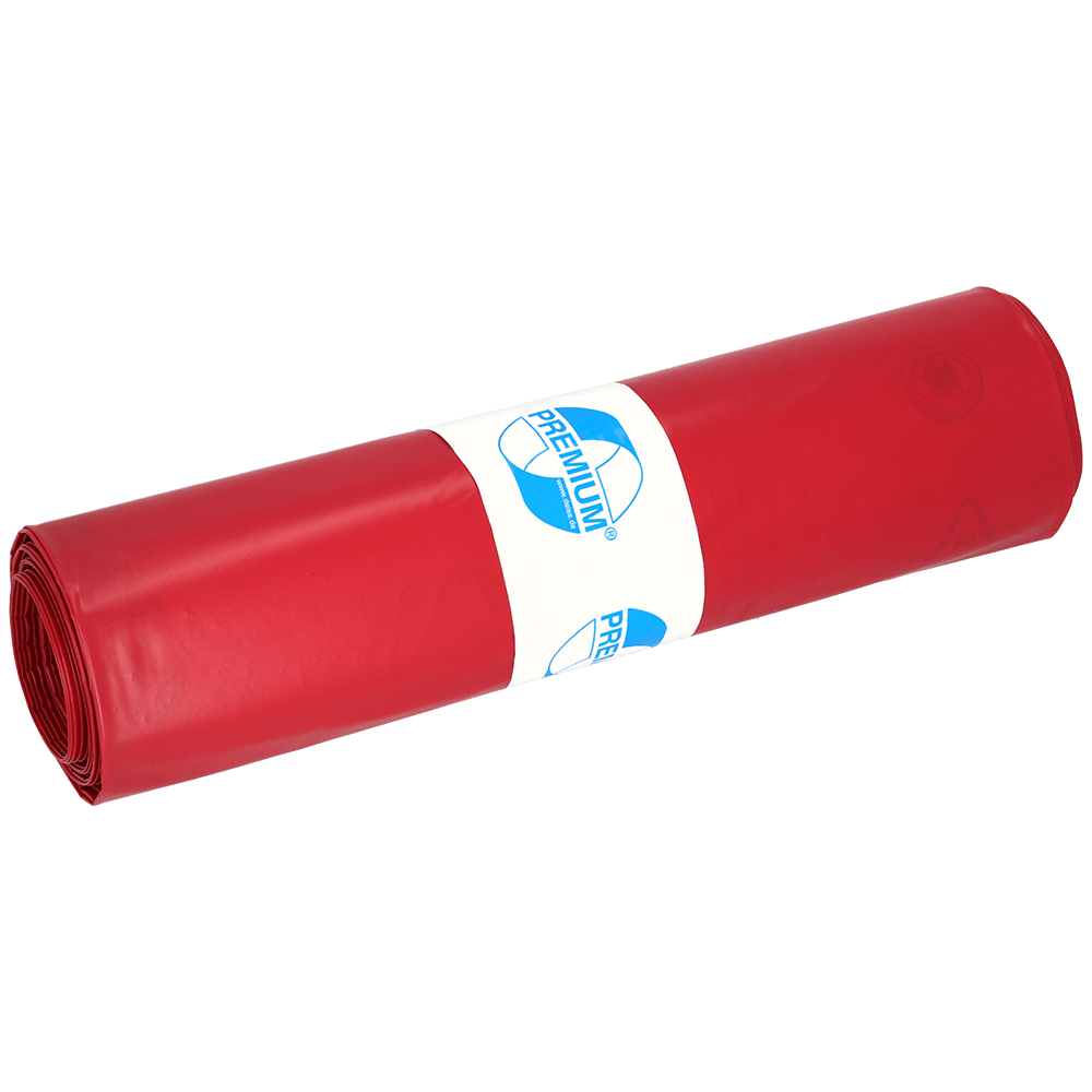 Rolka czerwonych worków na śmieci DEISS 11306 (800x1000x0,1 mm, 15 sztuk) od EMIL DEISS KG (GmbH + Co.), zapakowana w białą etykietę z niebieskim tekstem i grafiką, jest przedstawiona na prostym jasnym tle.