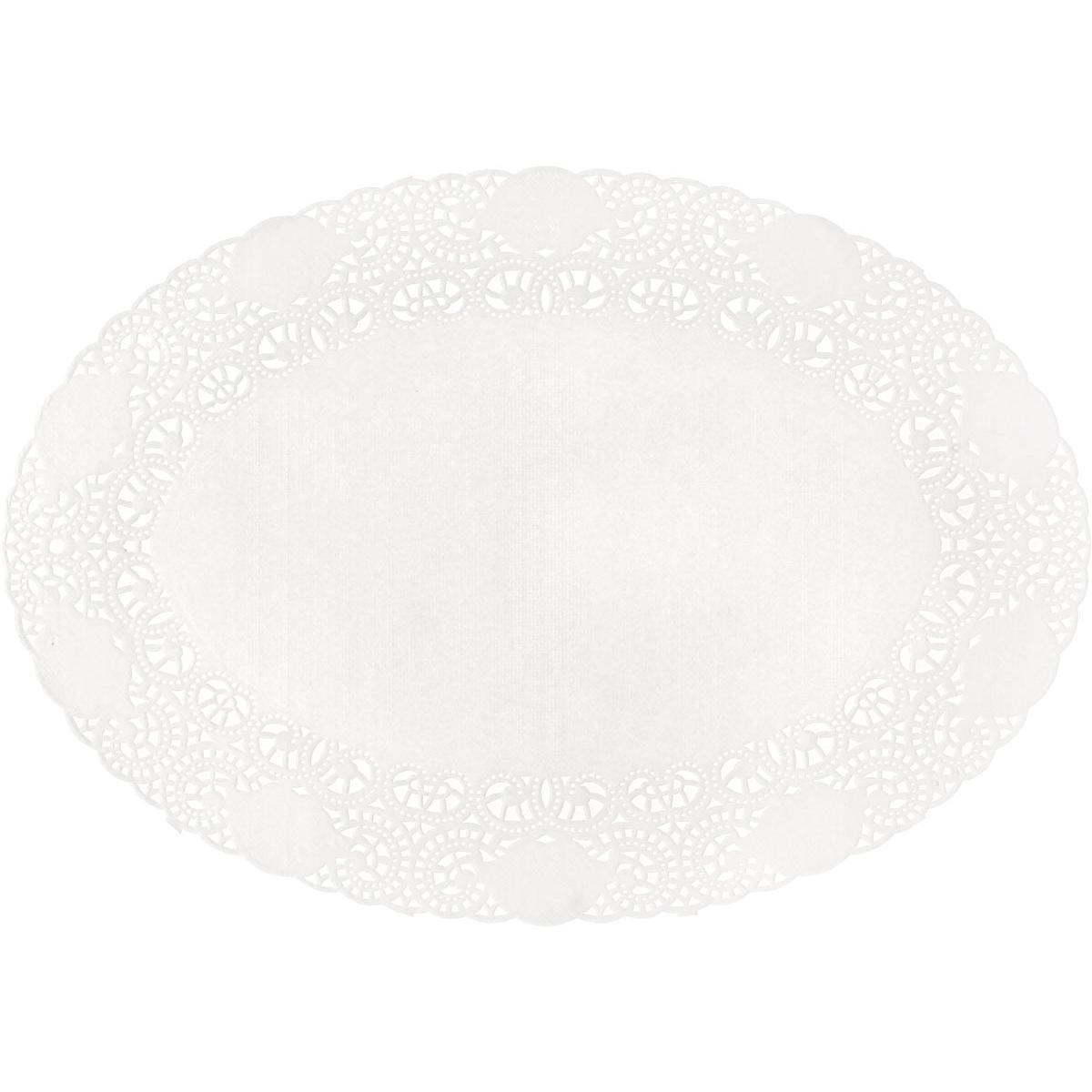 Owalna biała serwetka papierowa Tortenspitzen owalna 17x24 cm od Duni GmbH (opakowanie 250 sztuk) ma dekoracyjną koronkową krawędź i gładki środek - idealna do dekoracji tortów i wypieków. Przedstawiona na białym tle.