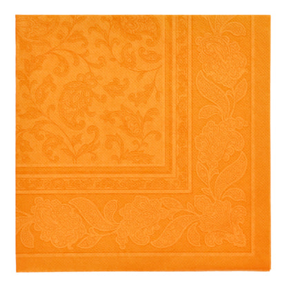 Die Servietten "ROYAL Collection" 1/4-Falz 40x40 cm der PAPSTAR GmbH 20 Servietten in Orange haben eine geprägte Blumen- und Blätterbordüre mit dezentem Wirbeldesign in der Mitte - ideal für eine elegante Tischdekoration.