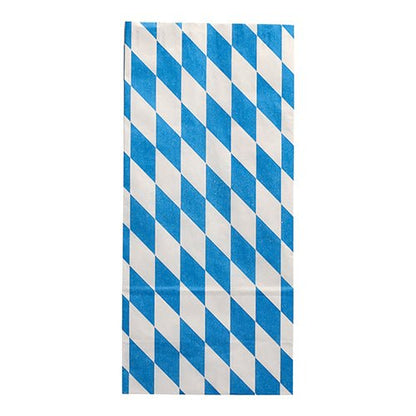 Torebka na kurczaka Starpak 100 to prostokątna torba z papieru z aluminiowym wnętrzem, z ukośnym wzorem rombowym w naprzemiennych rzędach w kolorze niebieskim i białym, wykonana z ekologicznych materiałów.