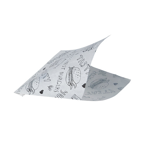 Ein PAPSTAR 1000 Hamburger-Tüten-Blatt (Pergament-Ersatz, fettdicht) der PAPSTAR GmbH, weiß wie Zeitungspapier, zeigt schwarze Burger-Illustrationen, "TASTY", Herzen und Kritzeleien, wobei zwei Ecken leicht angehoben sind, als wären sie gefaltet oder schwebend.
