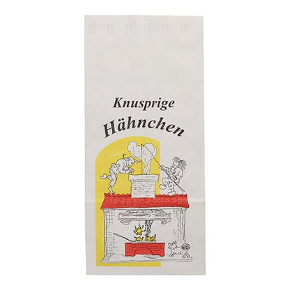 A Starpak 100 torebka na kurczaka z papieru z wkładką aluminiową, biała, z napisem "Chrupiące kurczaki" po niemiecku, rysunek ludzi przy ogniu i psa oraz kurczaka poniżej, żółty akcent tła.