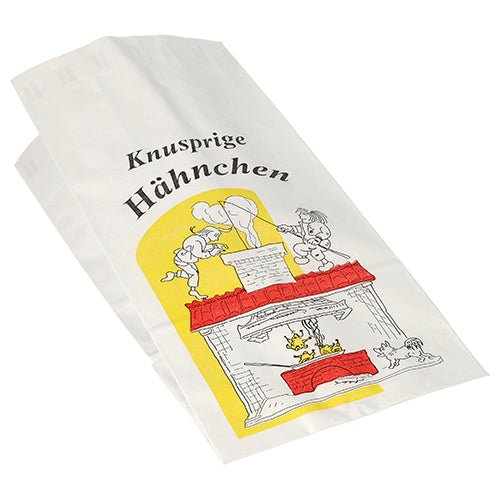 Torebka na kurczaka Starpak 100 od Starpak to ekologiczna biała torba papierowa z aluminiowym wnętrzem, z napisem „Chrupiące kurczaki” i czarno-czerwono-żółtą ilustracją ludzi pieczących kurczaka w domu.