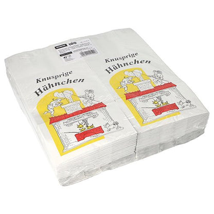 Stos torebek na kurczaka Starpak 100, papier z wkładką aluminiową, pokazuje białe torebki z żółto-czerwoną ilustracją kurczaka i napisem „Chrupiące kurczaki”. Ekologiczne torby Starpak są na górze oznaczone etykietą produktu.