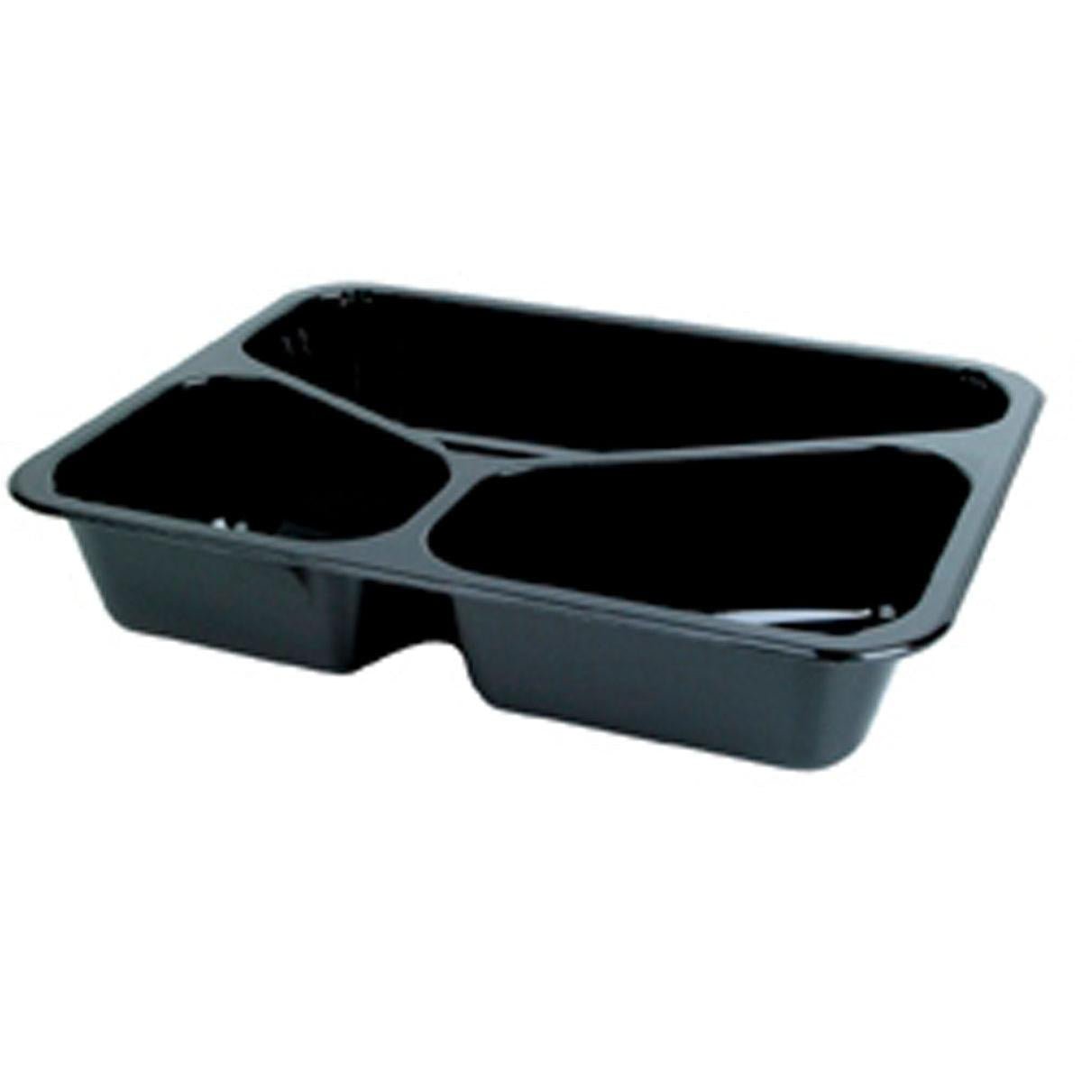Czarna miska CPET 225x175 mm od Duni GmbH z trzema przegrodami jest odporna na wysoką temperaturę - idealna do ekologicznego jedzenia na wynos i cateringu na ciepłe posiłki. Jednostka opakowania: 300 sztuk.