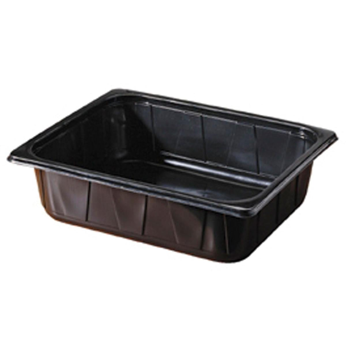 Die PP Schale 1/2 GN Schwarz PP 325x265 der Duni GmbH ist ein rechteckiges schwarzes Speisetablett mit erhöhtem Rand und flachem Boden, ideal für Catering oder Gastronomie, abgebildet auf weißem Hintergrund.