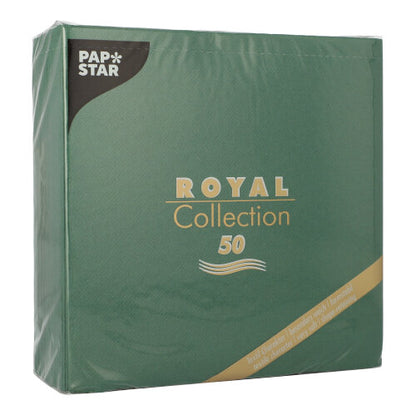 Die PAPSTAR GmbH 50 Servietten "ROYAL Collection" 1/4-Falz 40 x 40 cm in grün sind mit gold-weißer Schrift auf der Verpackung und einem kleinen goldenen Diagonalstreifen in der rechten unteren Ecke versehen.