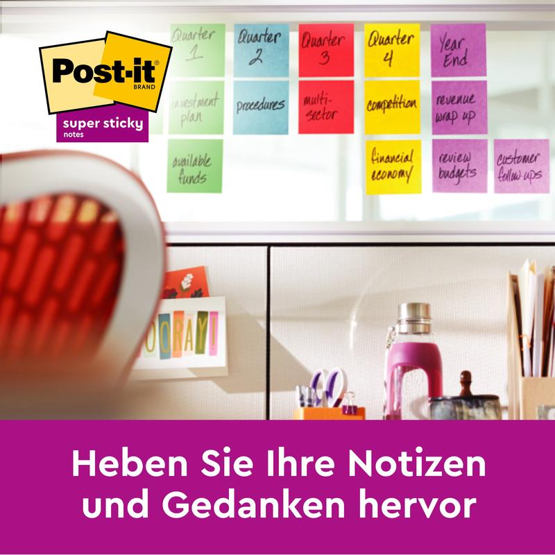 Szklana ściana pełna Post-it® Super Sticky Notes 6820S3 w kolorach neonowa zieleń, neonowy róż, ultrajaskrawy żółty, ultrajaskrawy zielony i ultrajaskrawy różowy od 3M Deutschland GmbH. Na dole fioletowy baner: "Podkreśl swoje notatki ekstra mocną siłą klejenia.