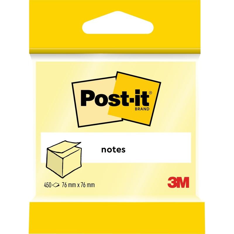 Pojedyncze opakowanie kostki karteczek Post-it® od 3M Deutschland GmbH zawiera 450 żółtych arkuszy (76 x 76 mm), wykonanych w 100% z papieru certyfikowanego przez PEFC (SGSCH-PEFC-COC-110078). Etykieta na przedniej stronie pokazuje logo Post-it i grafikę notatnika.
