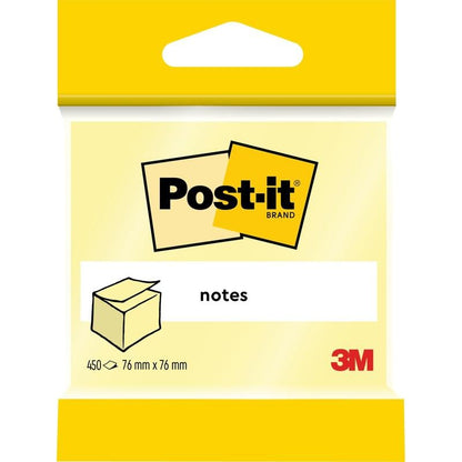 Pojedyncze opakowanie kostki karteczek Post-it® od 3M Deutschland GmbH zawiera 450 żółtych arkuszy (76 x 76 mm), wykonanych w 100% z papieru certyfikowanego przez PEFC (SGSCH-PEFC-COC-110078). Etykieta na przedniej stronie pokazuje logo Post-it i grafikę notatnika.