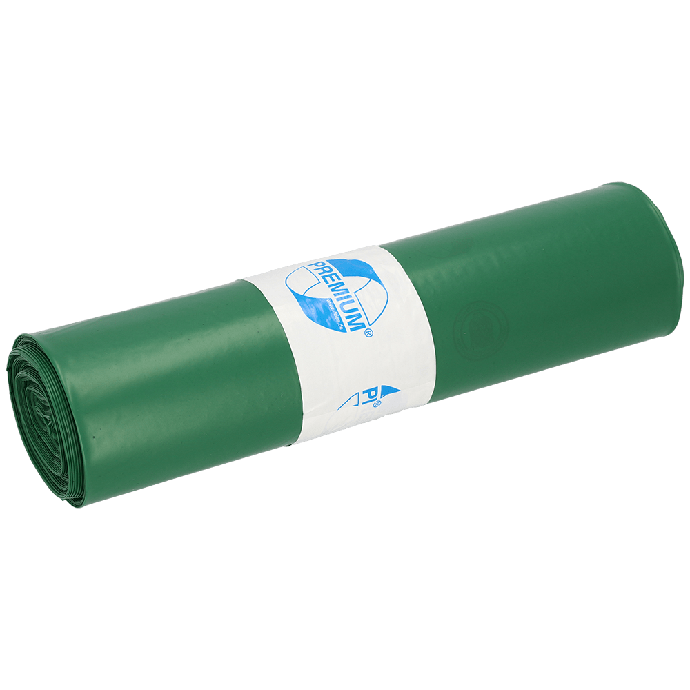 Zwój zielonych worków na śmieci (25 sztuk na rolkę) EMIL DEISS KG (GmbH + Co.) DEISS 12004 - 700x1100x0,07 mm jest owinięty białą etykietą z niebieskim tekstem i logo, przedstawioną na białym tle.