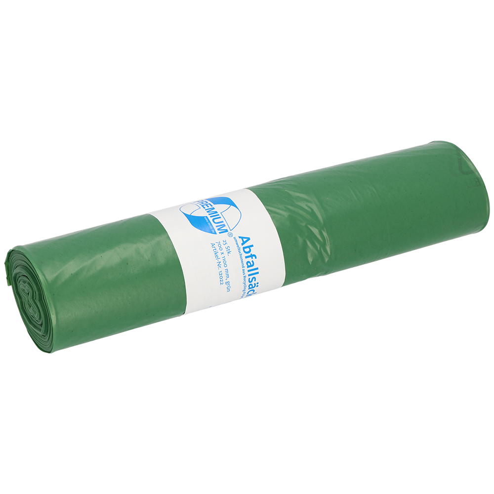 Rolka zielonych worków na śmieci EMIL DEISS KG (GmbH + Co.), DEISS 12022 - 700x1100 mm Typ 60, rolka (25 sztuk), z biało-niebieską etykietą pośrodku, jest przedstawiona na jednokolorowym tle.