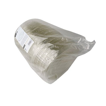 Przezroczysta plastikowa torba z 50 okrągłymi pokrywkami Starpak R-PET do misek na sałatki (Ø18 cm, 1,5 cm wysokości), częściowo widoczna z boczną etykietą; wykonana z wytrzymałego R-PET dla bezpiecznego przechowywania.