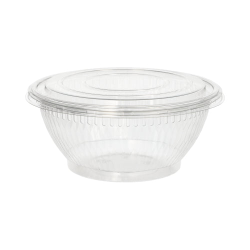 Pokrywki Starpak 50 do misek na sałatki to przezroczyste, okrągłe pokrywki R-PET (Ø 18 cm, wysokość 1,5 cm) do bezpiecznego przechowywania. Dostarczane są w opakowaniu po 50 sztuk i są przedstawione na prostym białym tle.